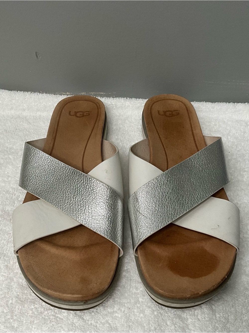 UGG Women’s Silver & White Crossband Slide Sandals